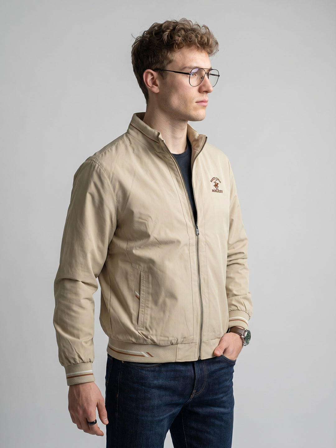 Men Beige Solid Collar Full Sleeve Bomber Jacket