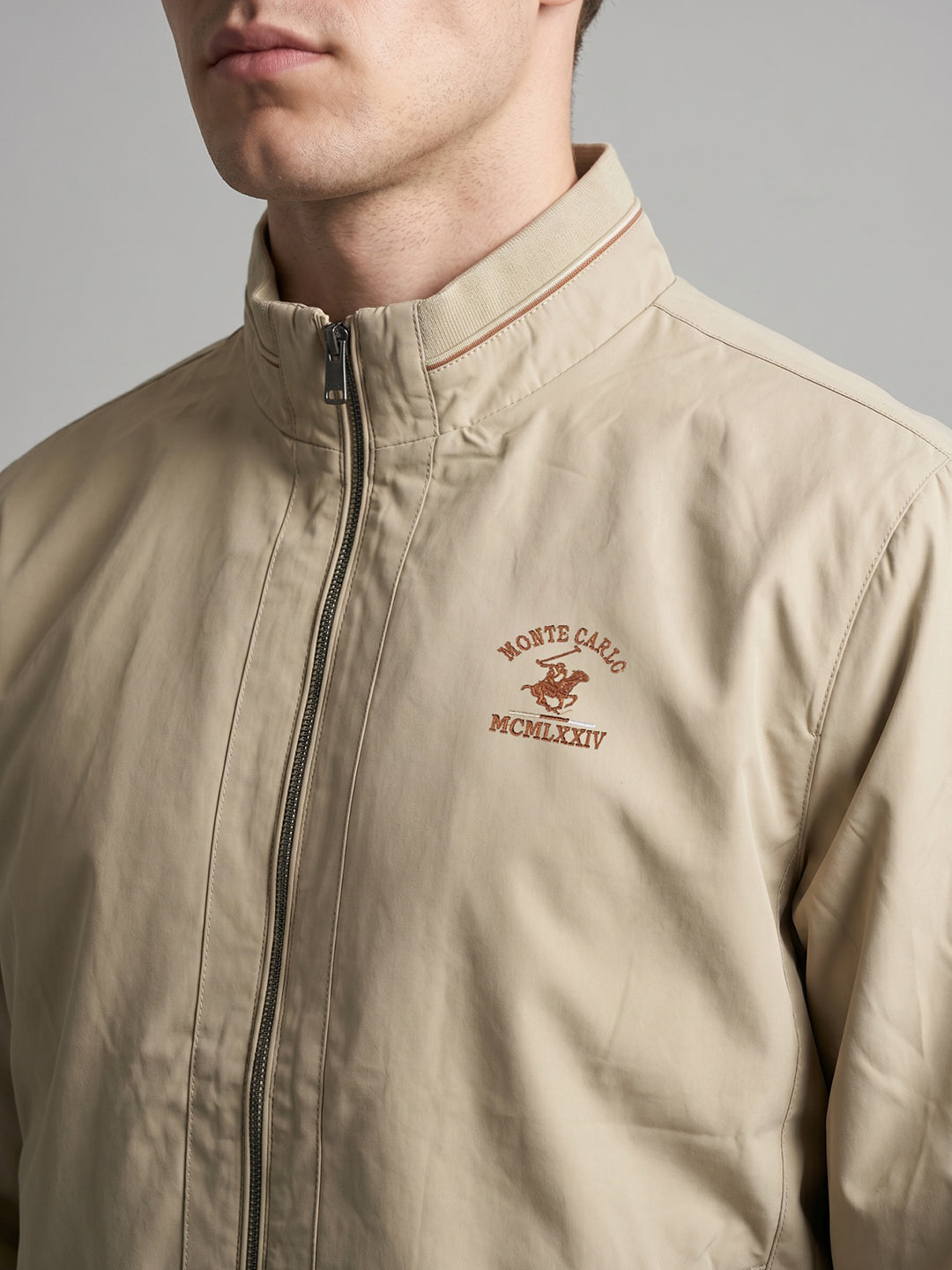 Men Beige Solid Collar Full Sleeve Bomber Jacket