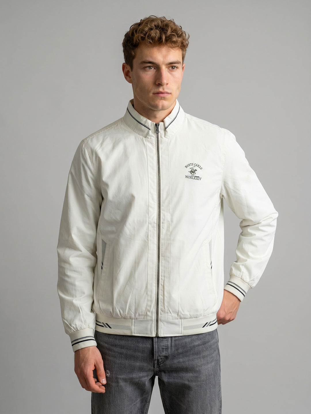 Men White Solid Collar Full Sleeve Bomber Jacket