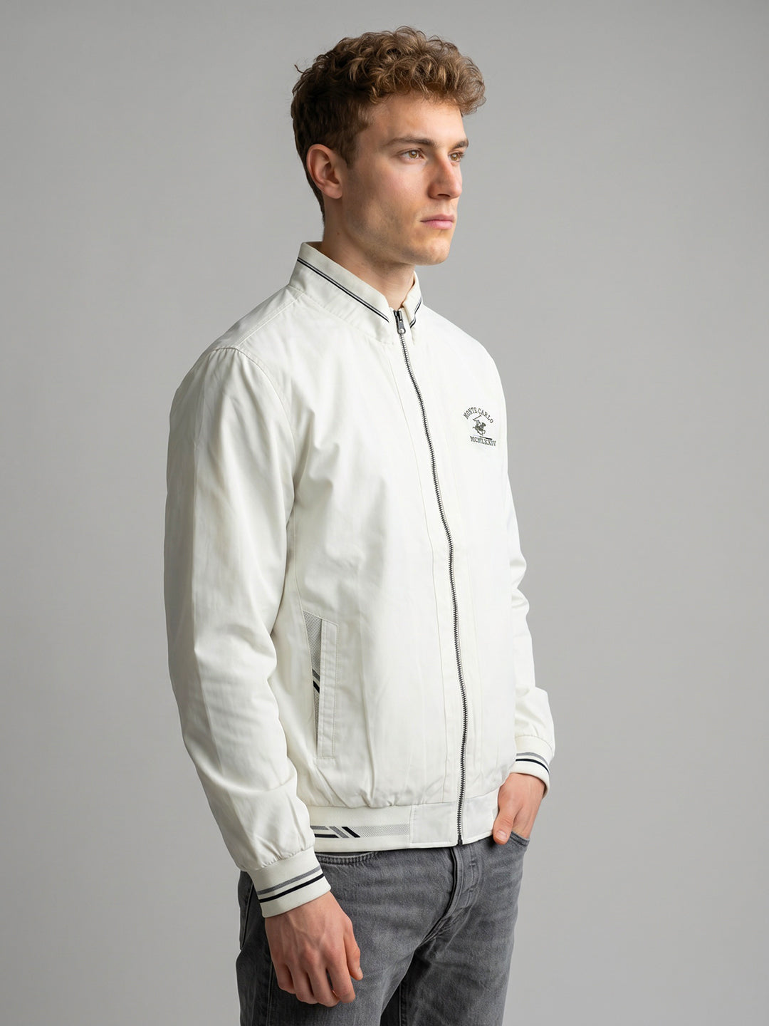 Men White Solid Collar Full Sleeve Bomber Jacket