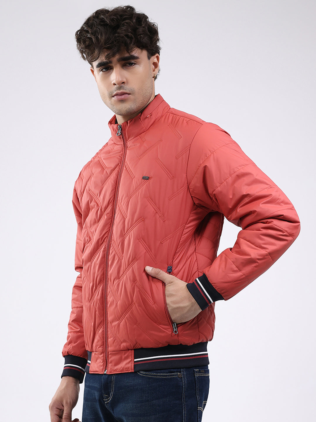 Men Red Solid Mock Neck Full Sleeve Jacket
