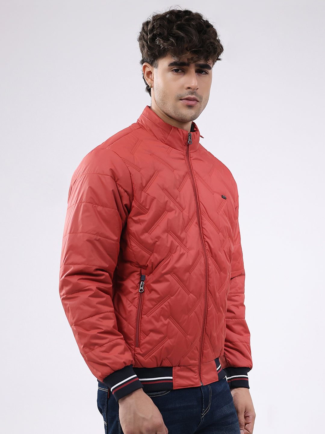 Men Red Solid Mock Neck Full Sleeve Jacket