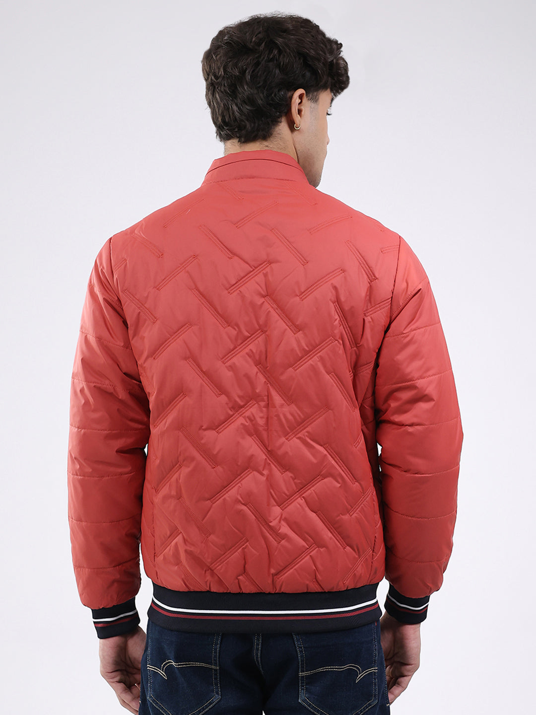 Men Red Solid Mock Neck Full Sleeve Jacket
