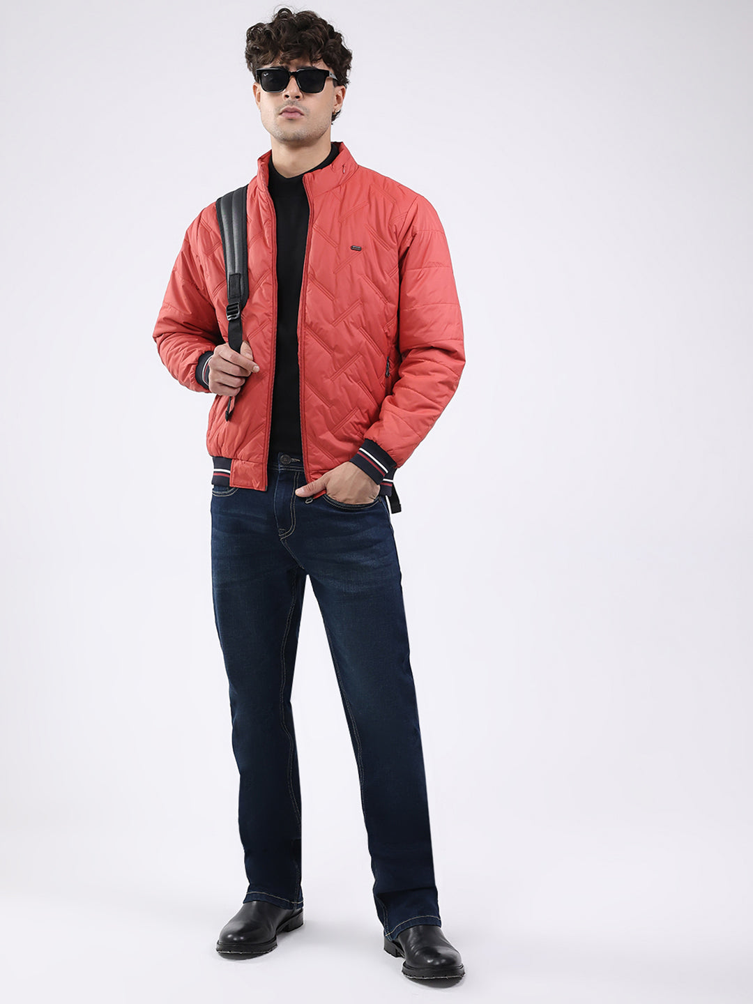 Men Red Solid Mock Neck Full Sleeve Jacket