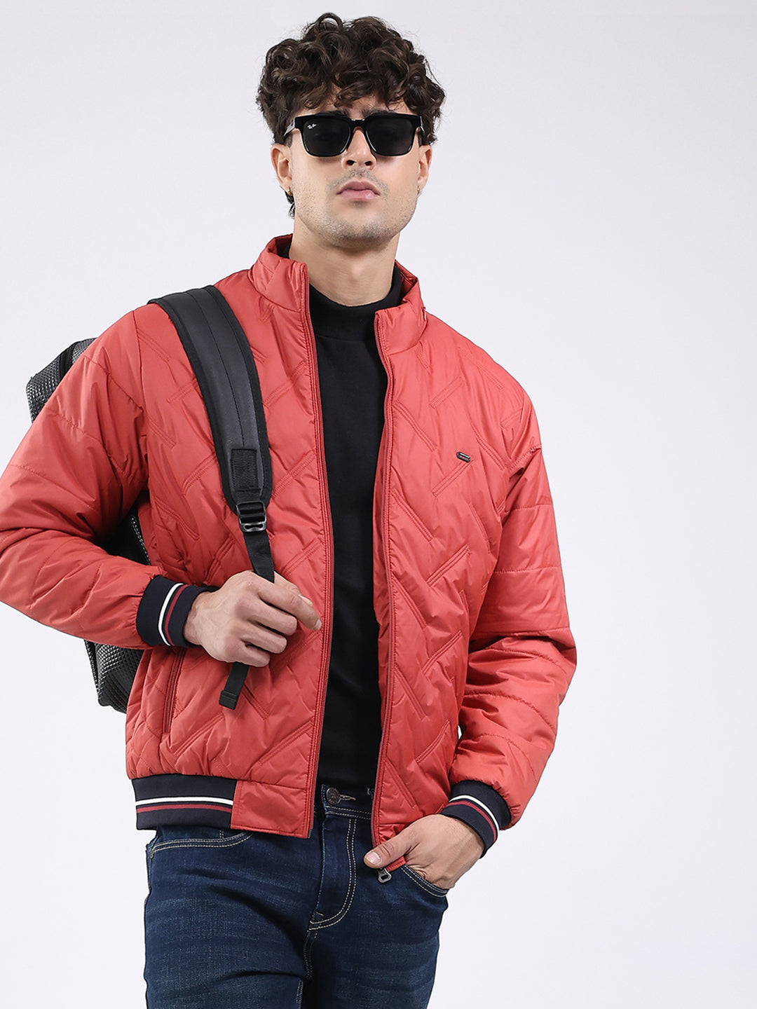 Men Red Solid Mock Neck Full Sleeve Jacket
