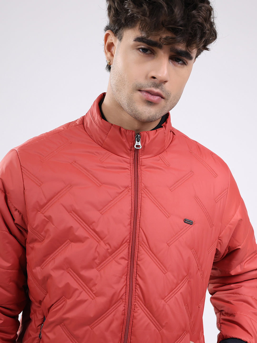 Men Red Solid Mock Neck Full Sleeve Jacket