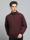 Men Maroon Solid Mock Neck Full Sleeve Jacket