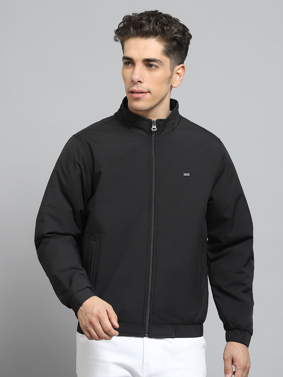 Men Black Solid Mock Neck Full Sleeve Jacket