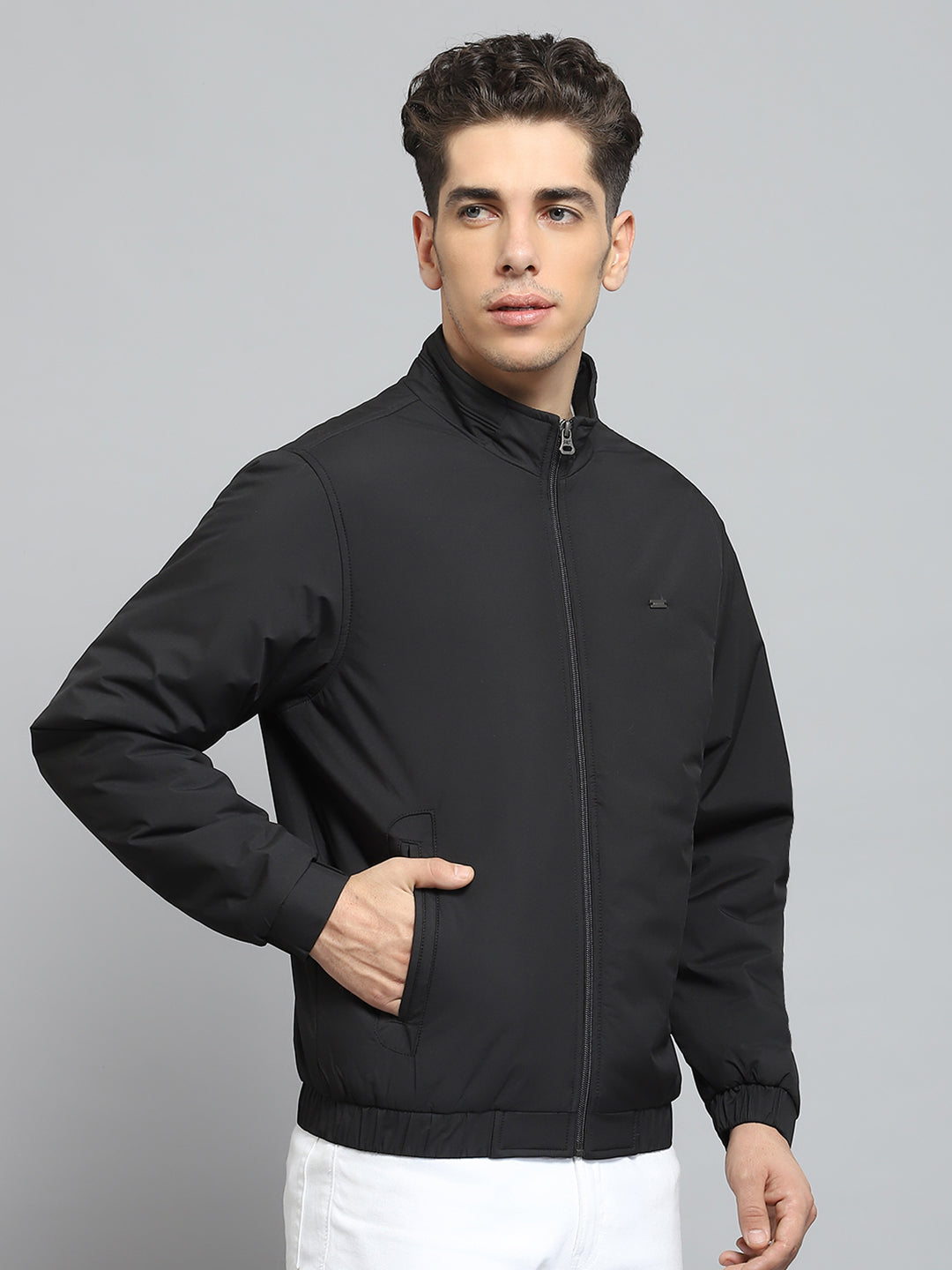 Men Black Solid Mock Neck Full Sleeve Jacket
