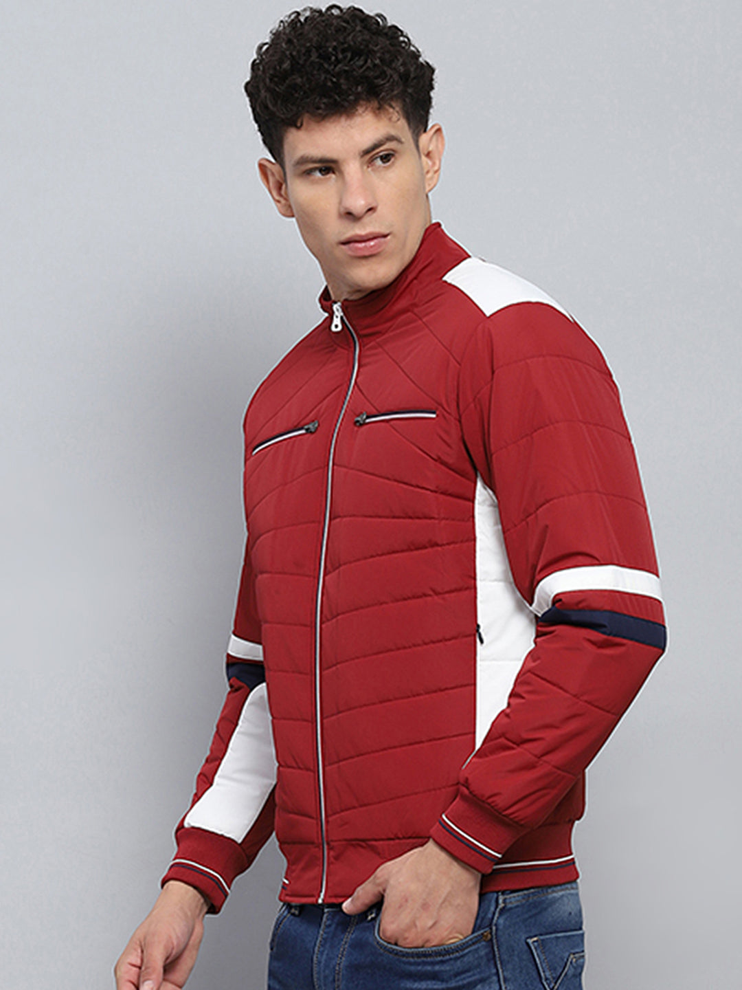 Men Red Solid Mock Neck Full Sleeve Jacket