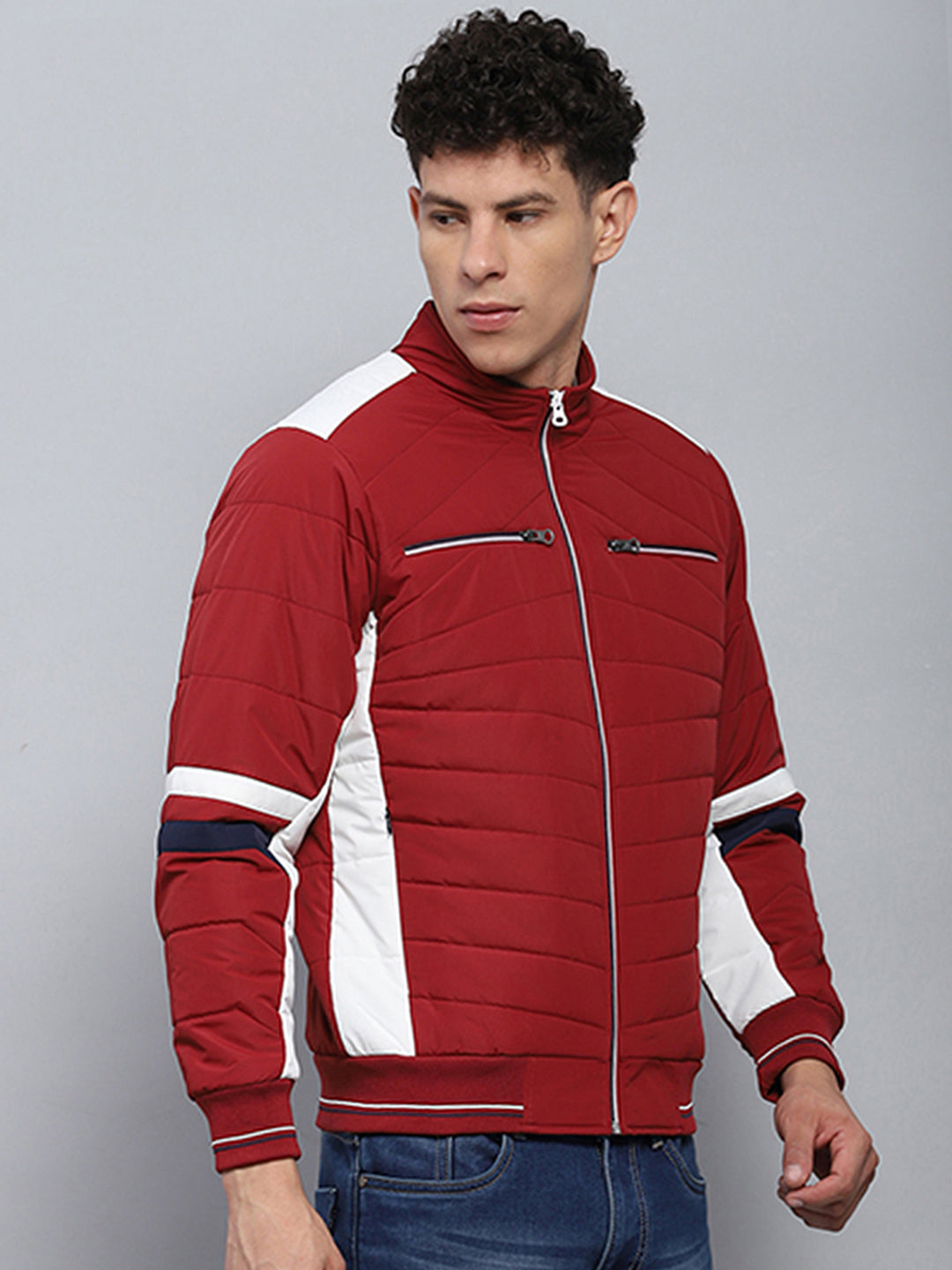 Men Red Solid Mock Neck Full Sleeve Jacket