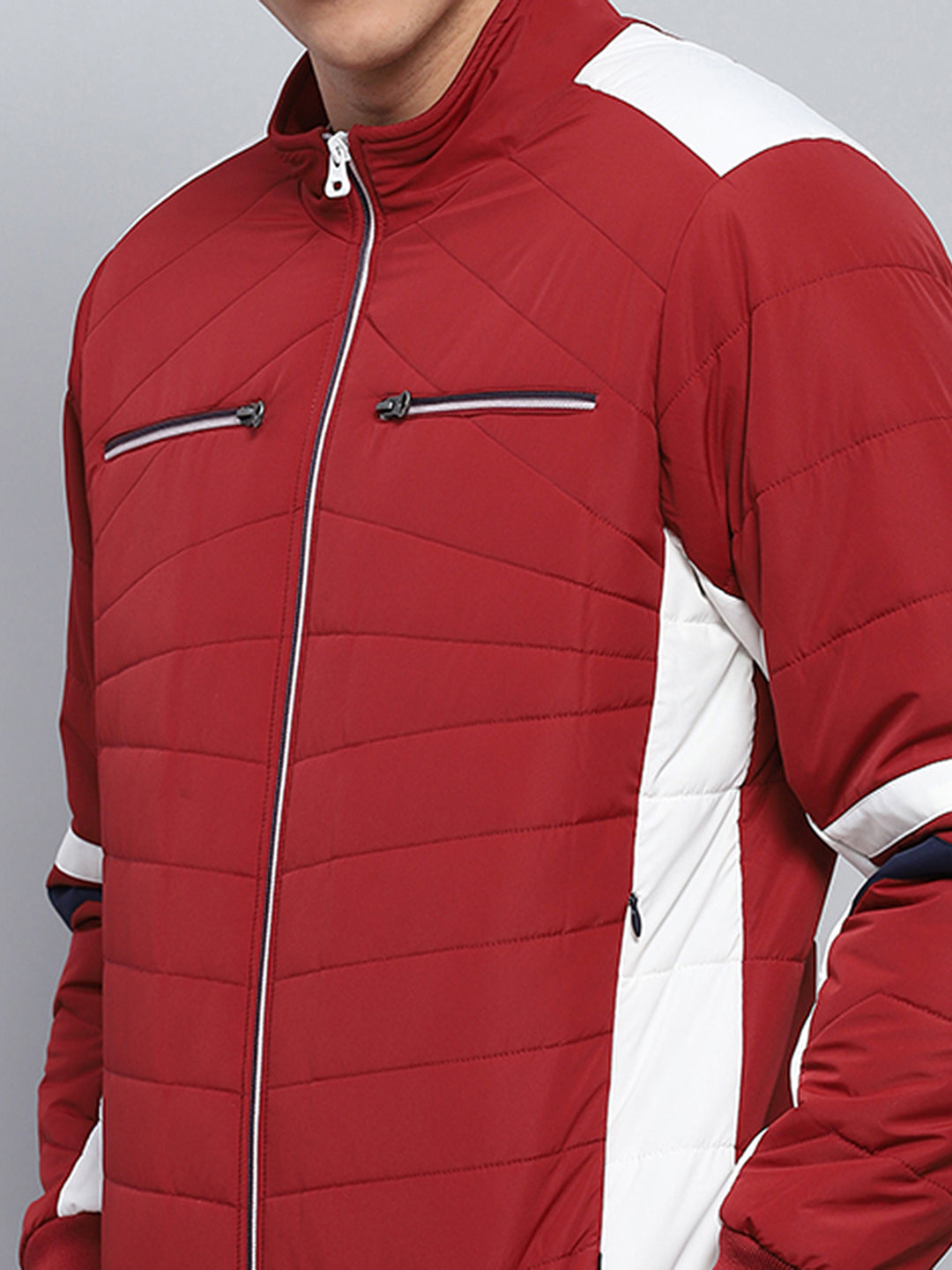 Men Red Solid Mock Neck Full Sleeve Jacket