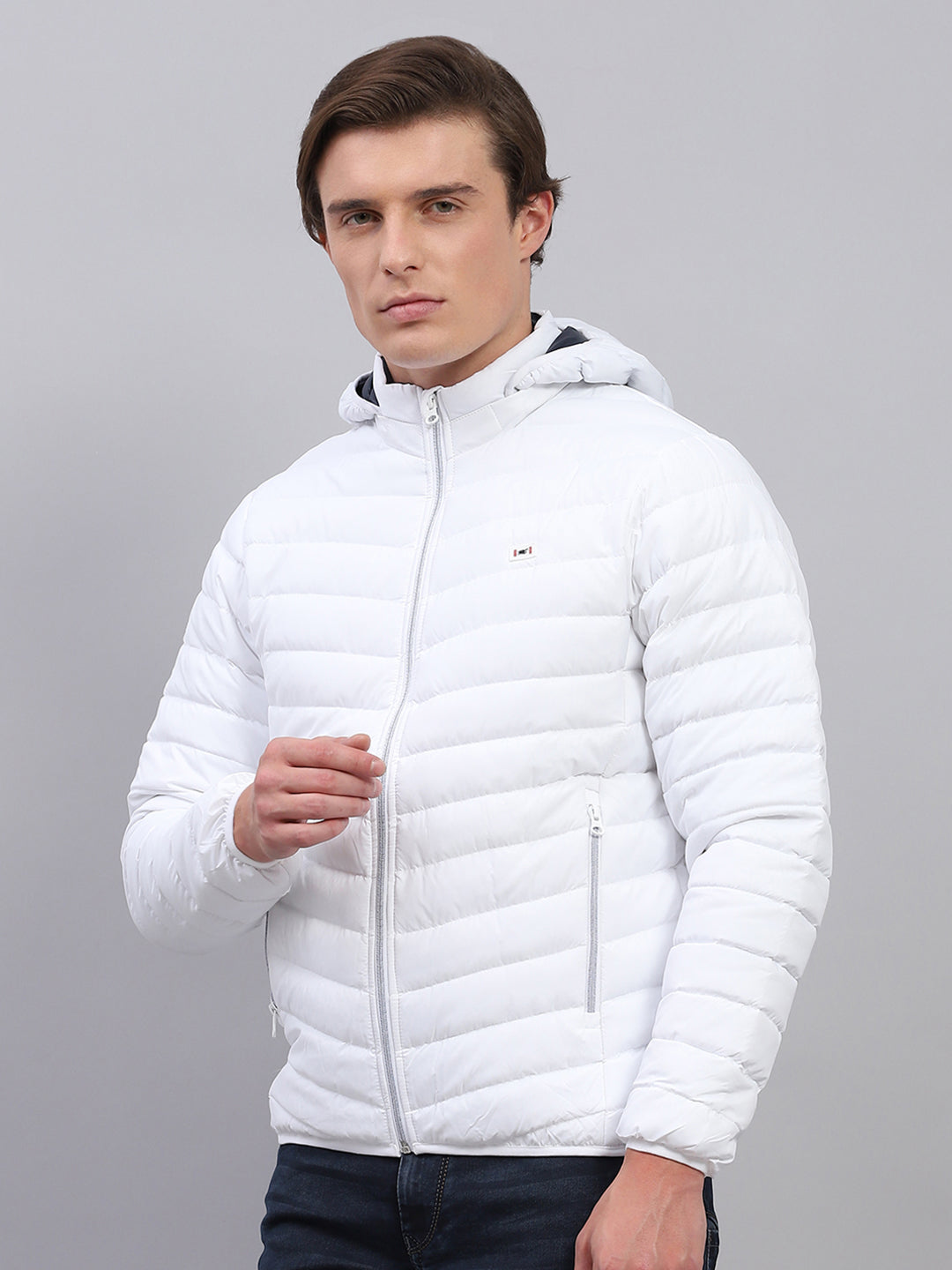 Men White Solid Detachable Hood Full Sleeve Jacket