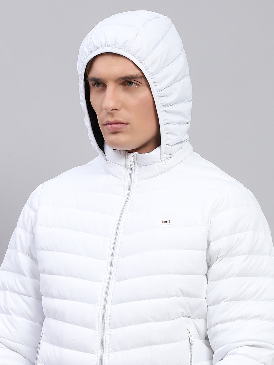 Men White Solid Detachable Hood Full Sleeve Jacket