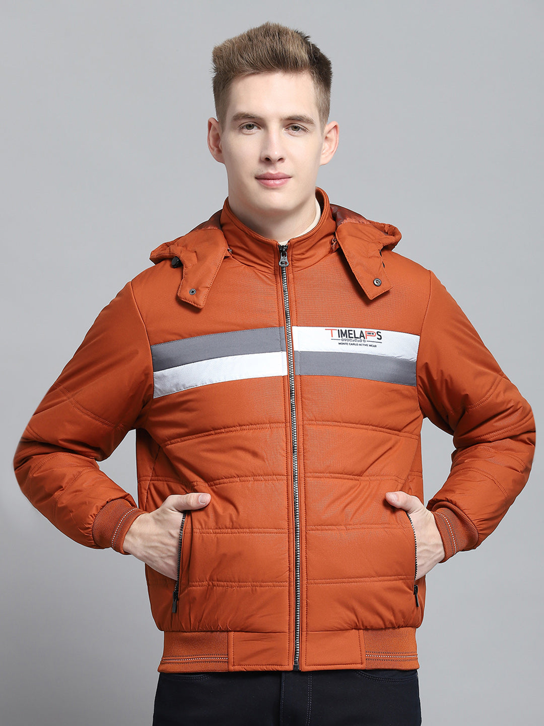 Men Rust Printed Detachable Hood Full Sleeve Jacket