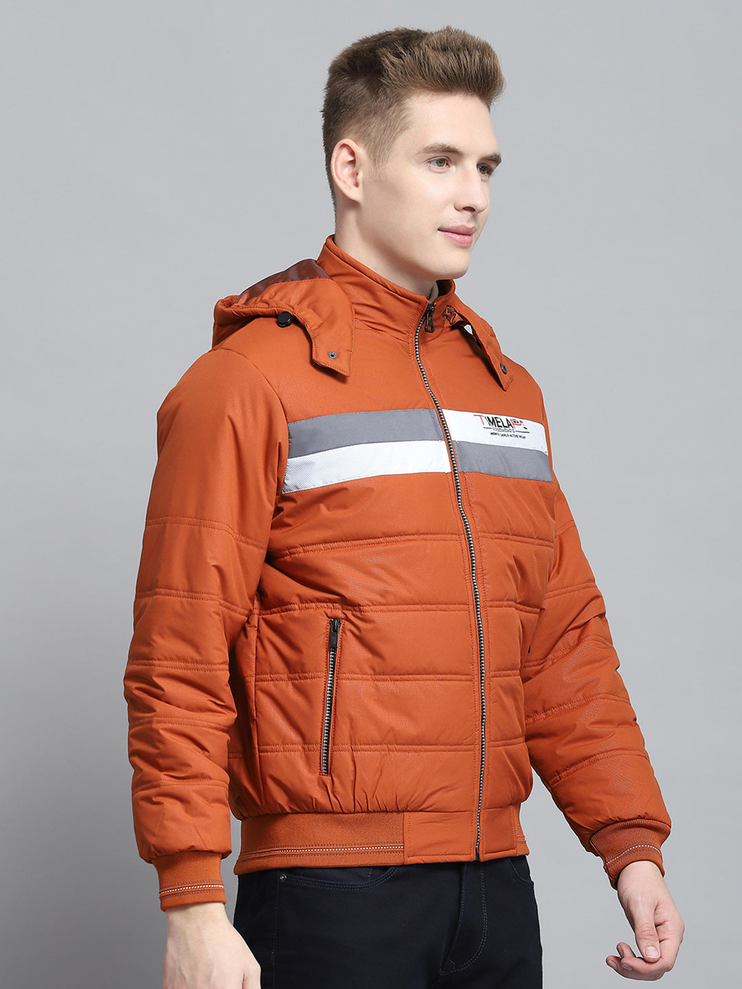 Men Rust Printed Detachable Hood Full Sleeve Jacket
