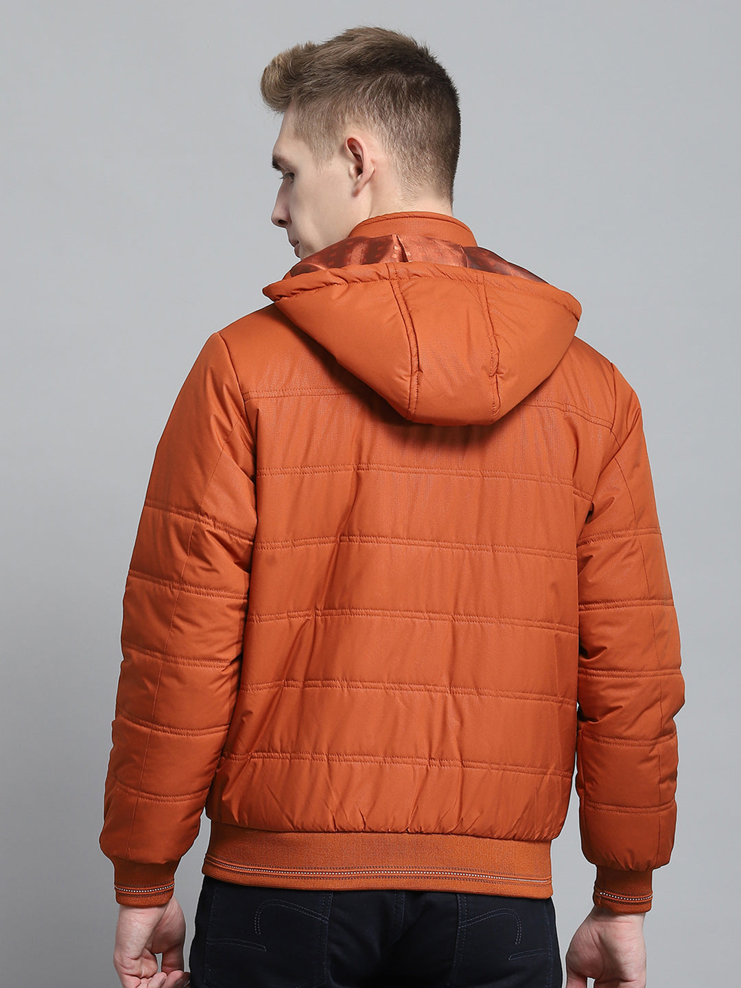 Men Rust Printed Detachable Hood Full Sleeve Jacket