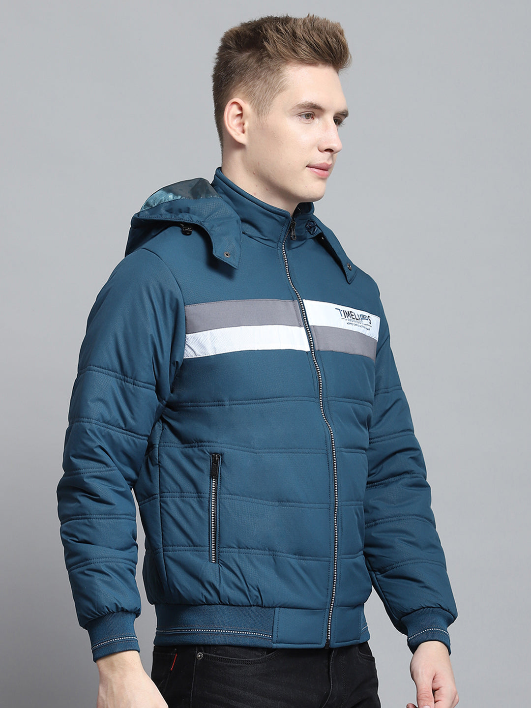 Men Teal Blue Printed Detachable Hood Full Sleeve Jacket