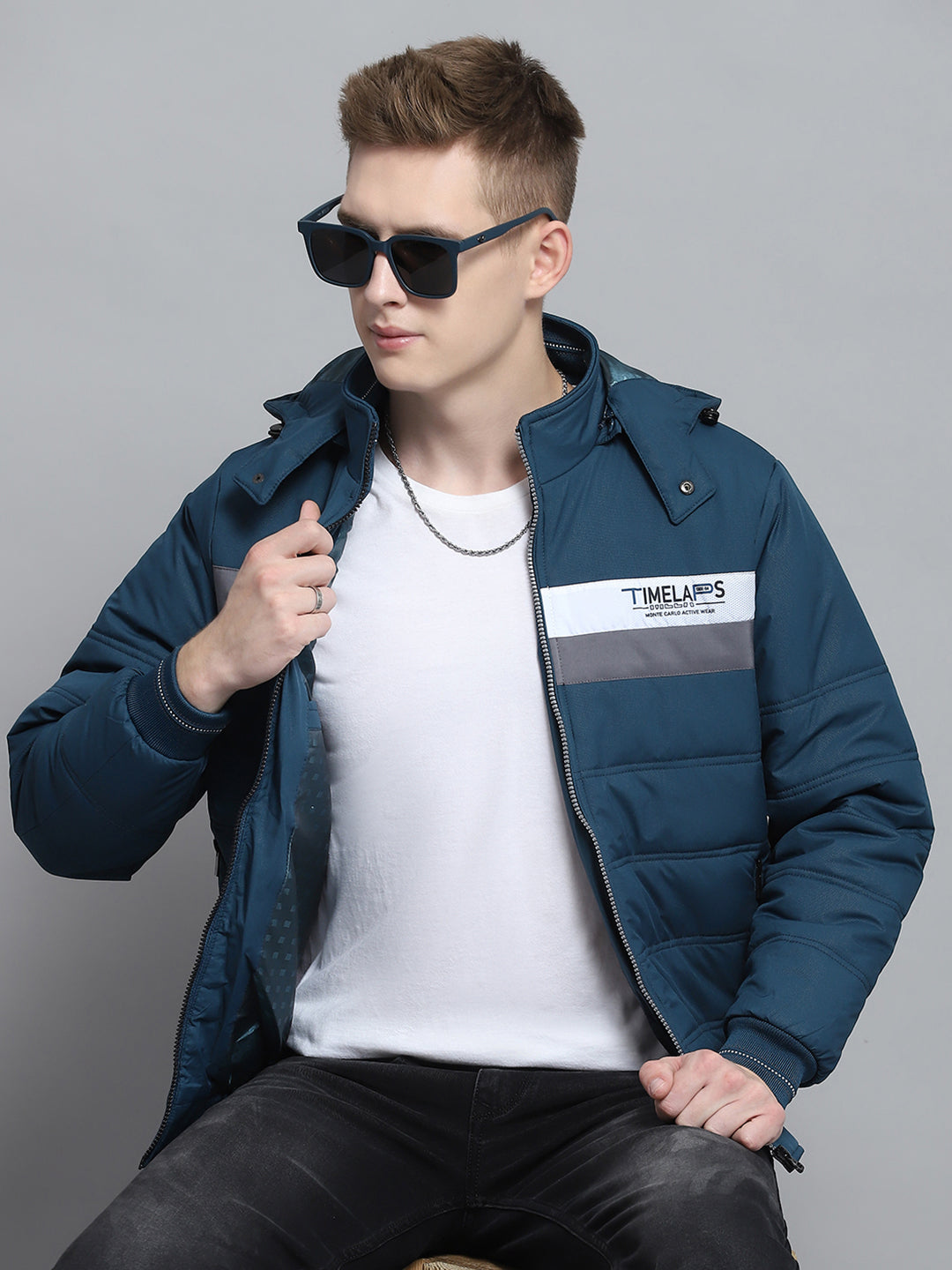 Men Teal Blue Printed Detachable Hood Full Sleeve Jacket