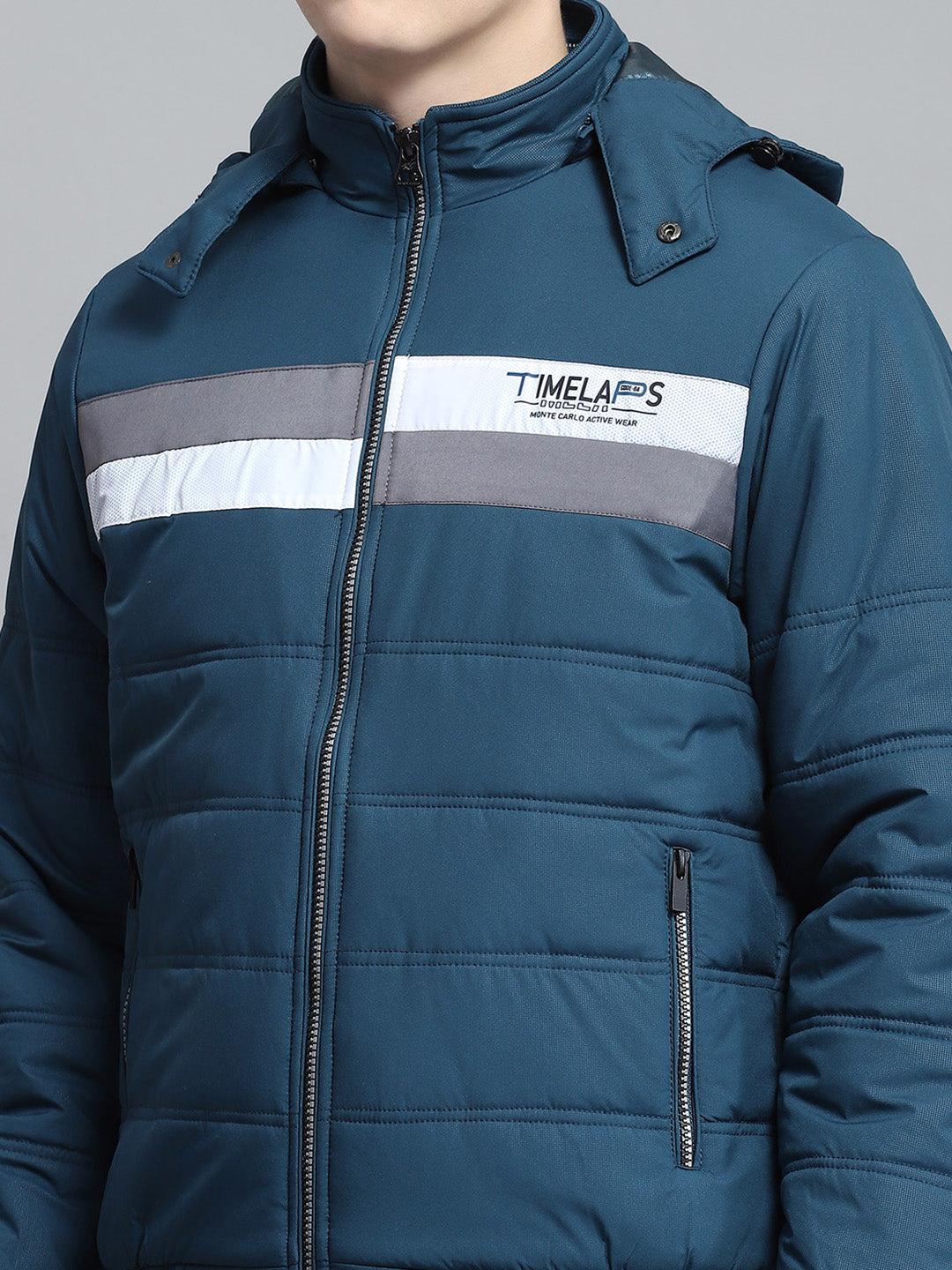 Men Teal Blue Printed Detachable Hood Full Sleeve Jacket