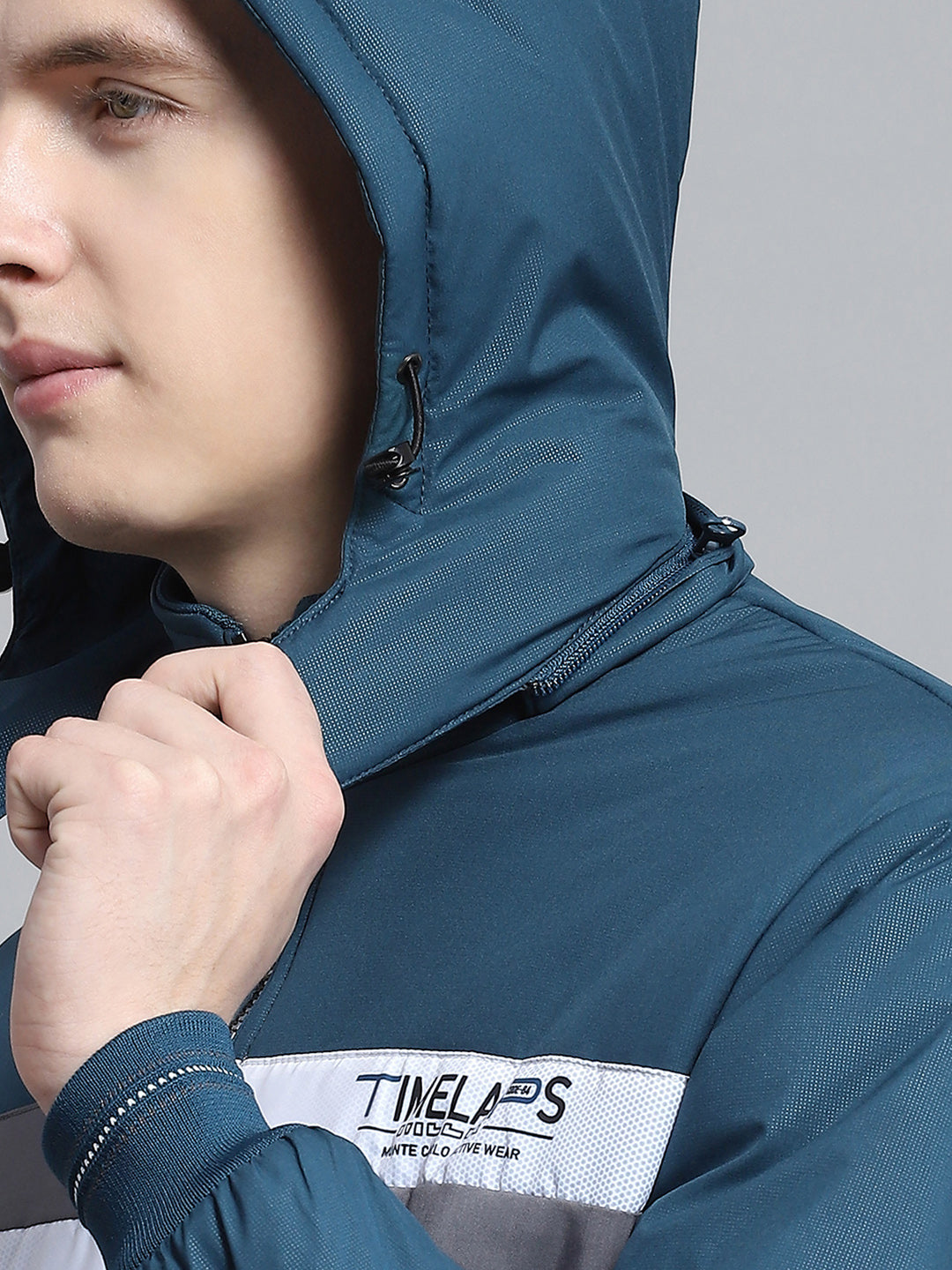 Men Teal Blue Printed Detachable Hood Full Sleeve Jacket