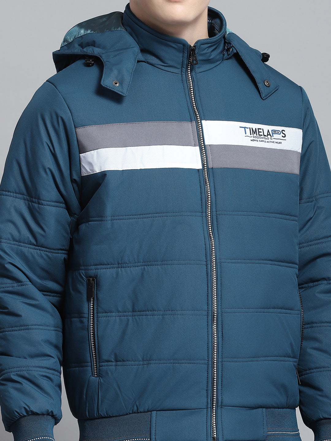 Men Teal Blue Printed Detachable Hood Full Sleeve Jacket