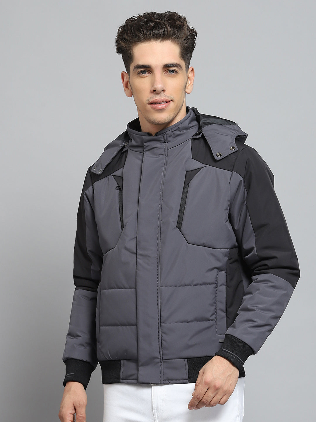 Men Grey Solid Detachable Hood Full Sleeve Jacket
