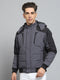 Men Grey Solid Detachable Hood Full Sleeve Jacket