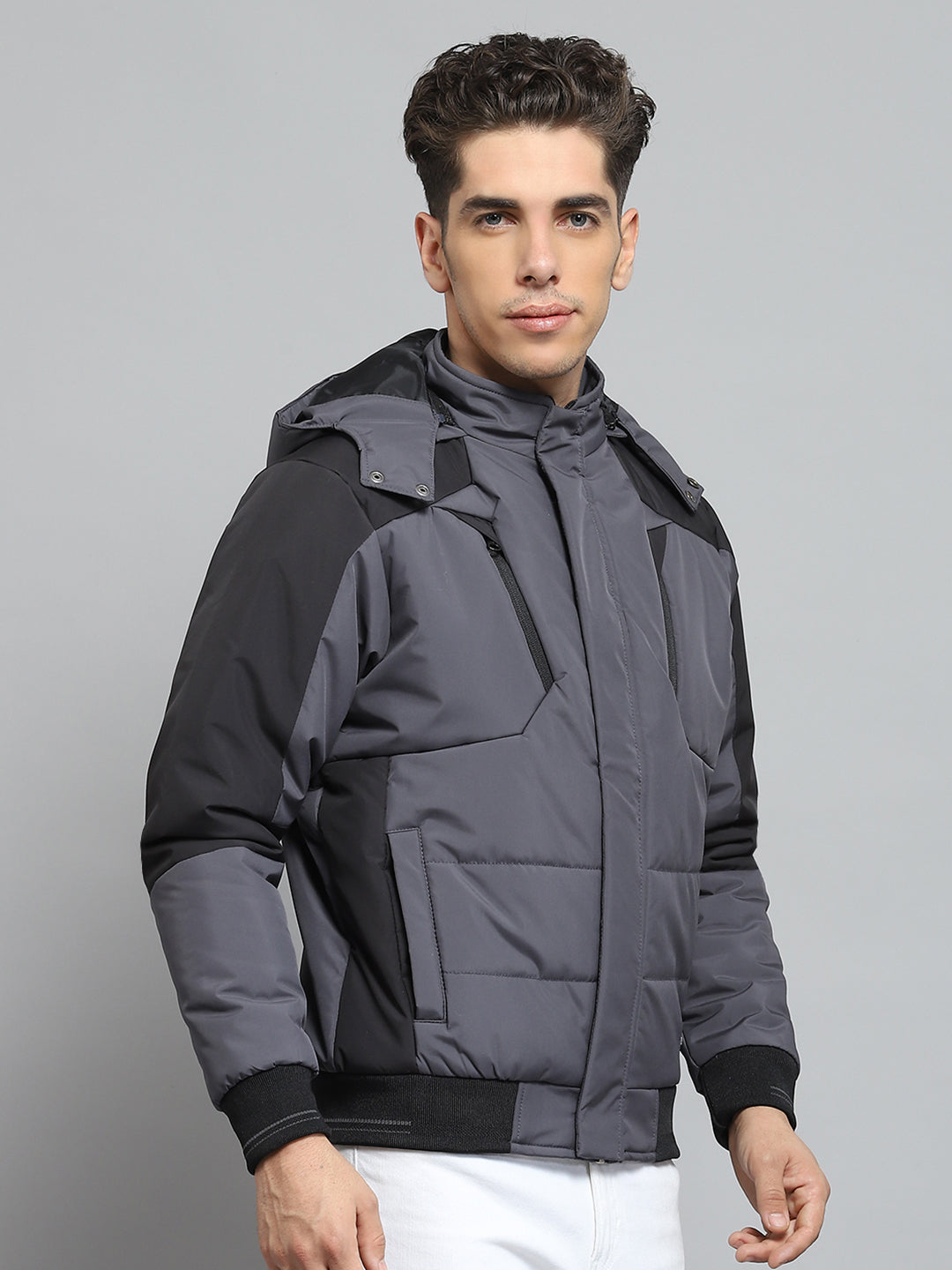 Men Grey Solid Detachable Hood Full Sleeve Jacket