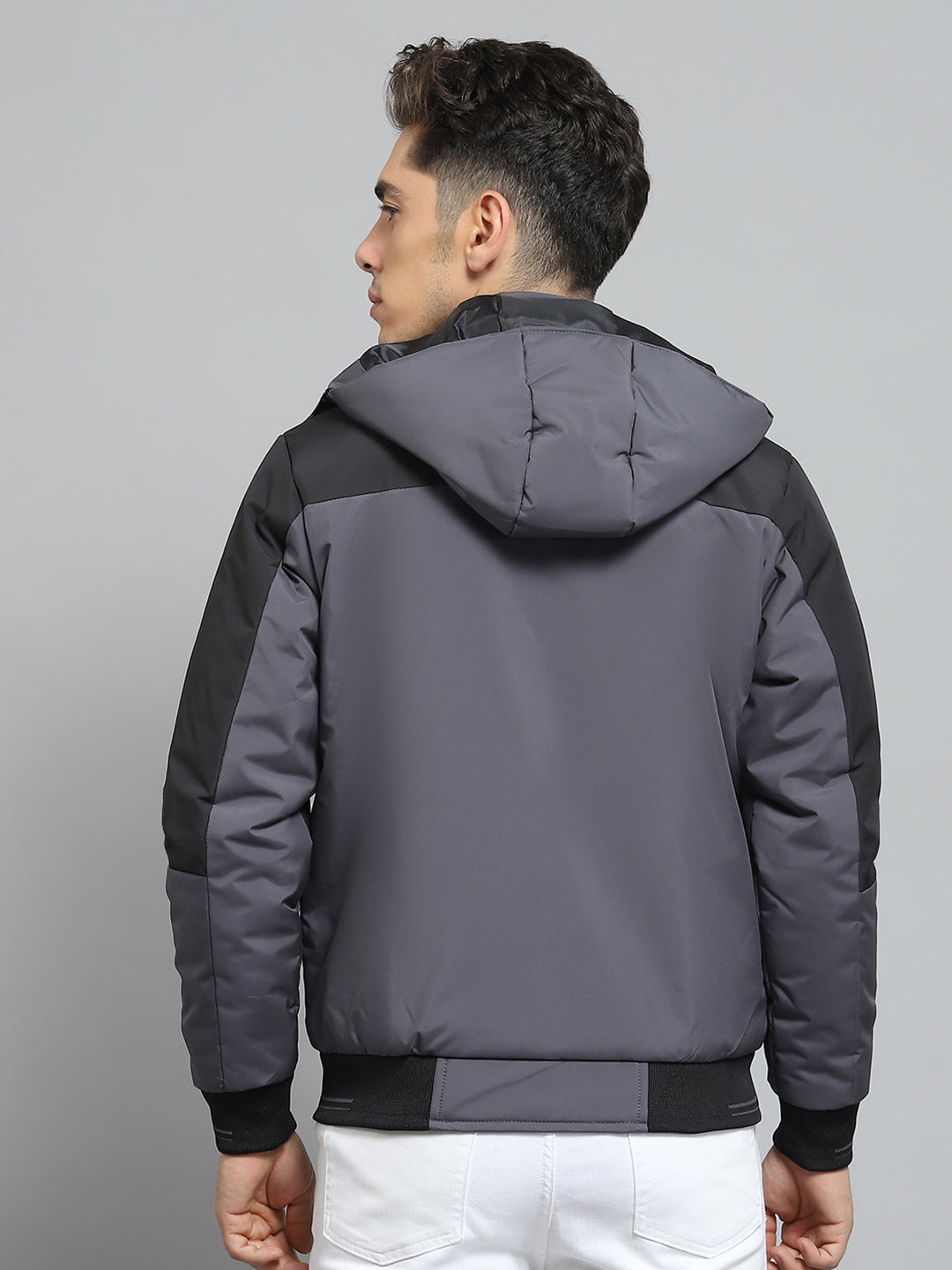 Men Grey Solid Detachable Hood Full Sleeve Jacket