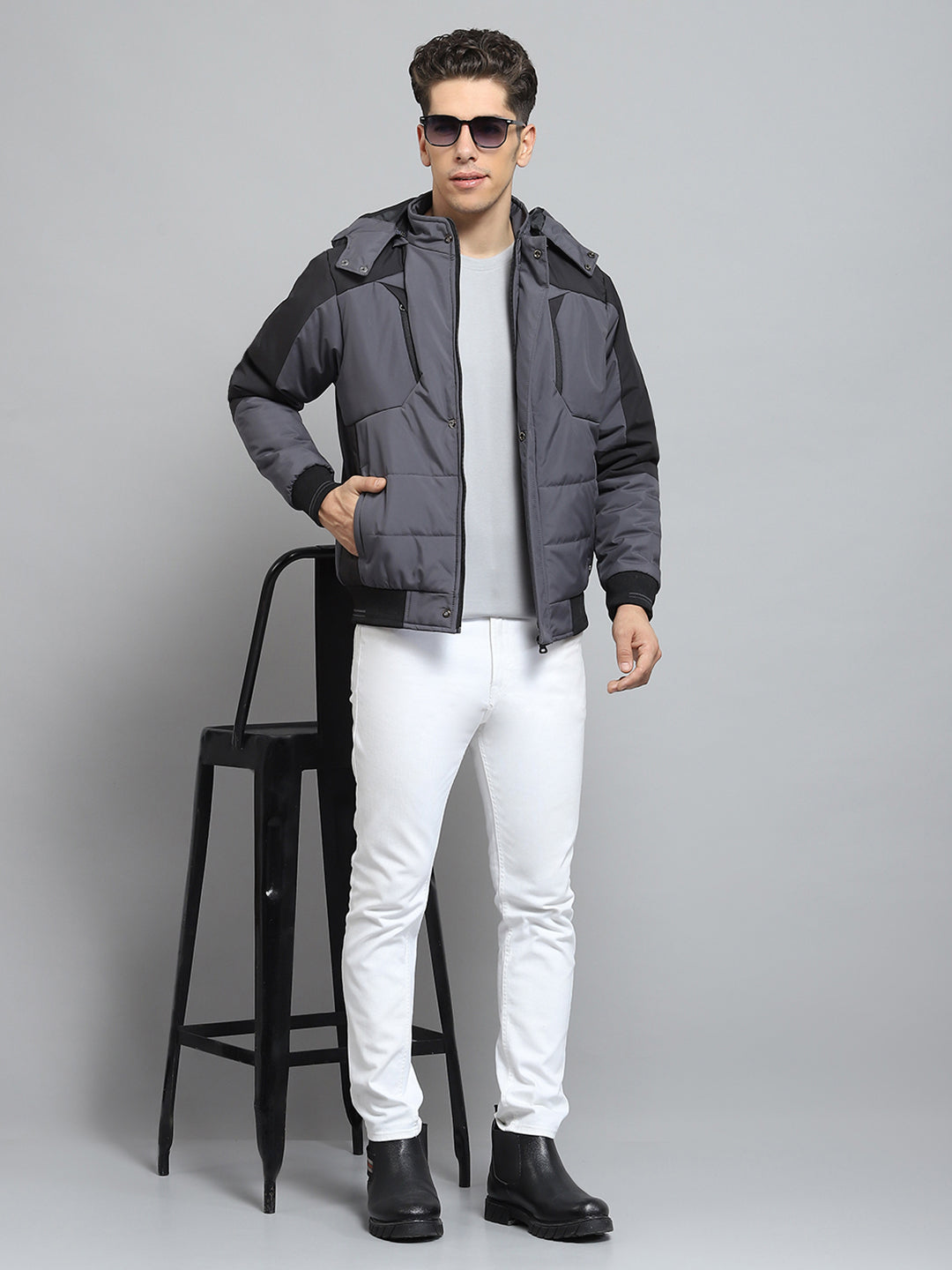 Men Grey Solid Detachable Hood Full Sleeve Jacket