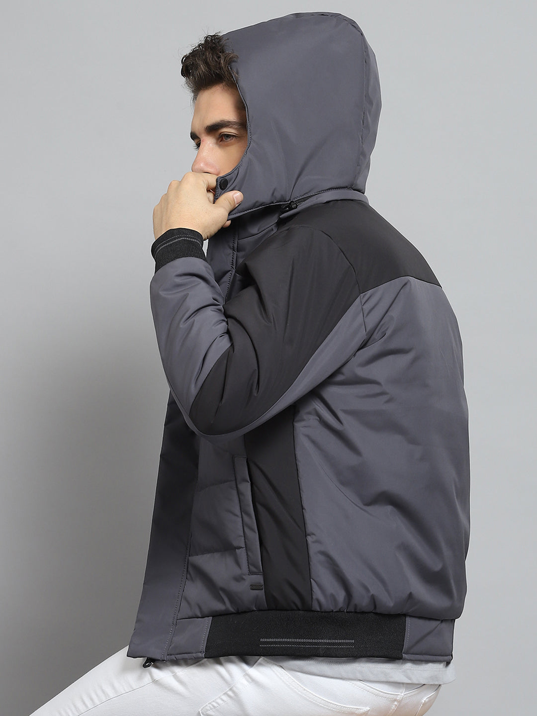 Men Grey Solid Detachable Hood Full Sleeve Jacket