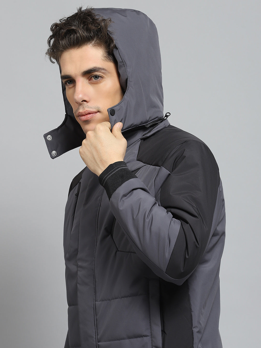 Men Grey Solid Detachable Hood Full Sleeve Jacket