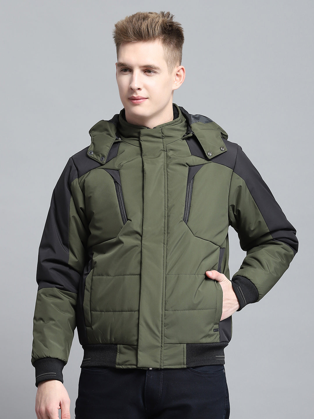 Men Olive Solid Detachable Hood Full Sleeve Jacket