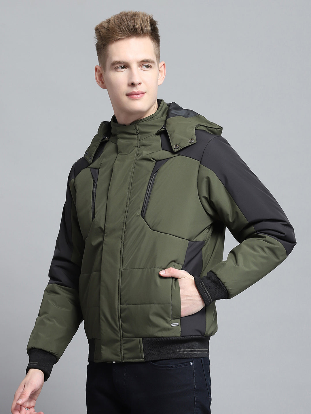 Men Olive Solid Detachable Hood Full Sleeve Jacket