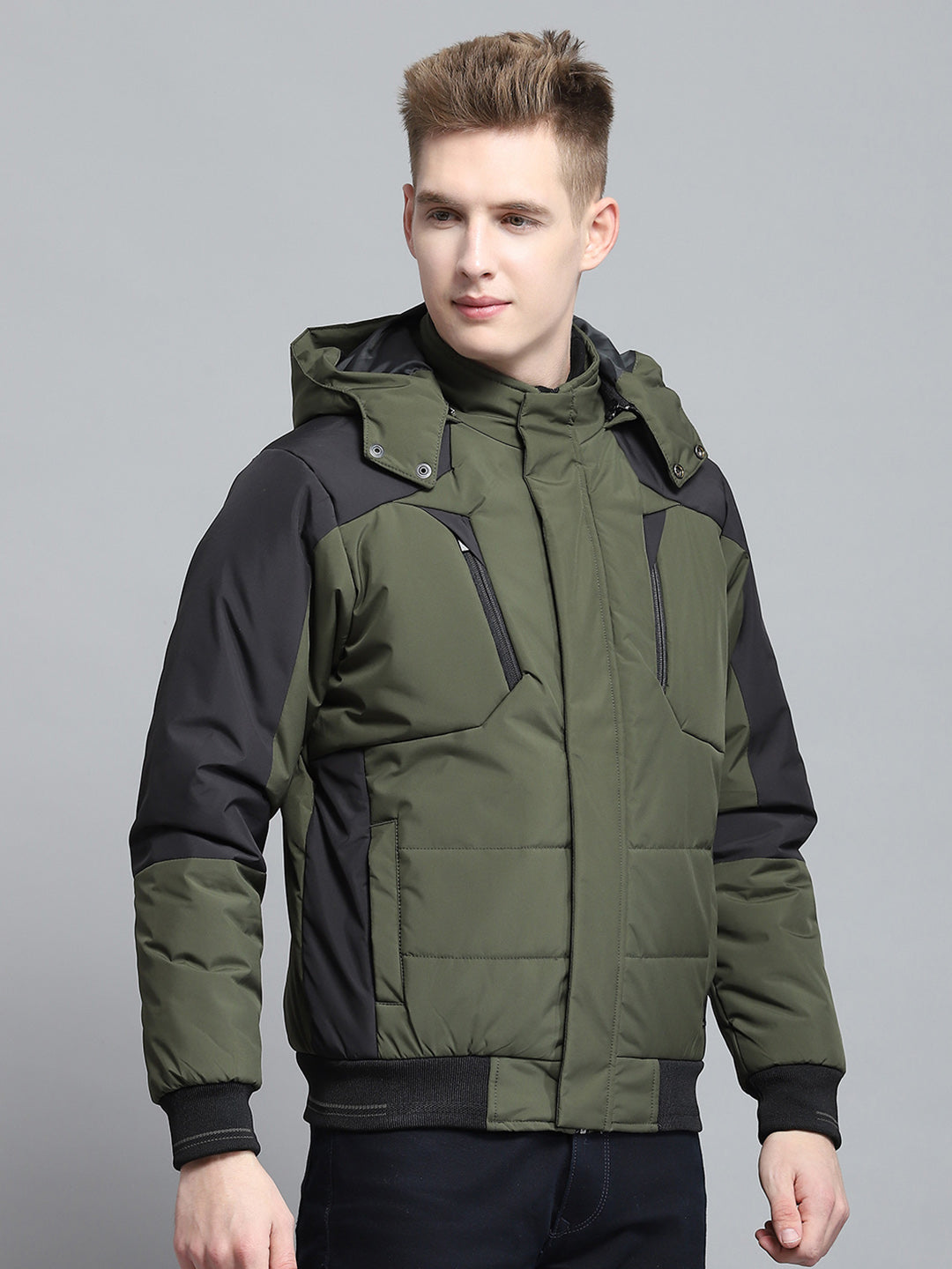 Men Olive Solid Detachable Hood Full Sleeve Jacket