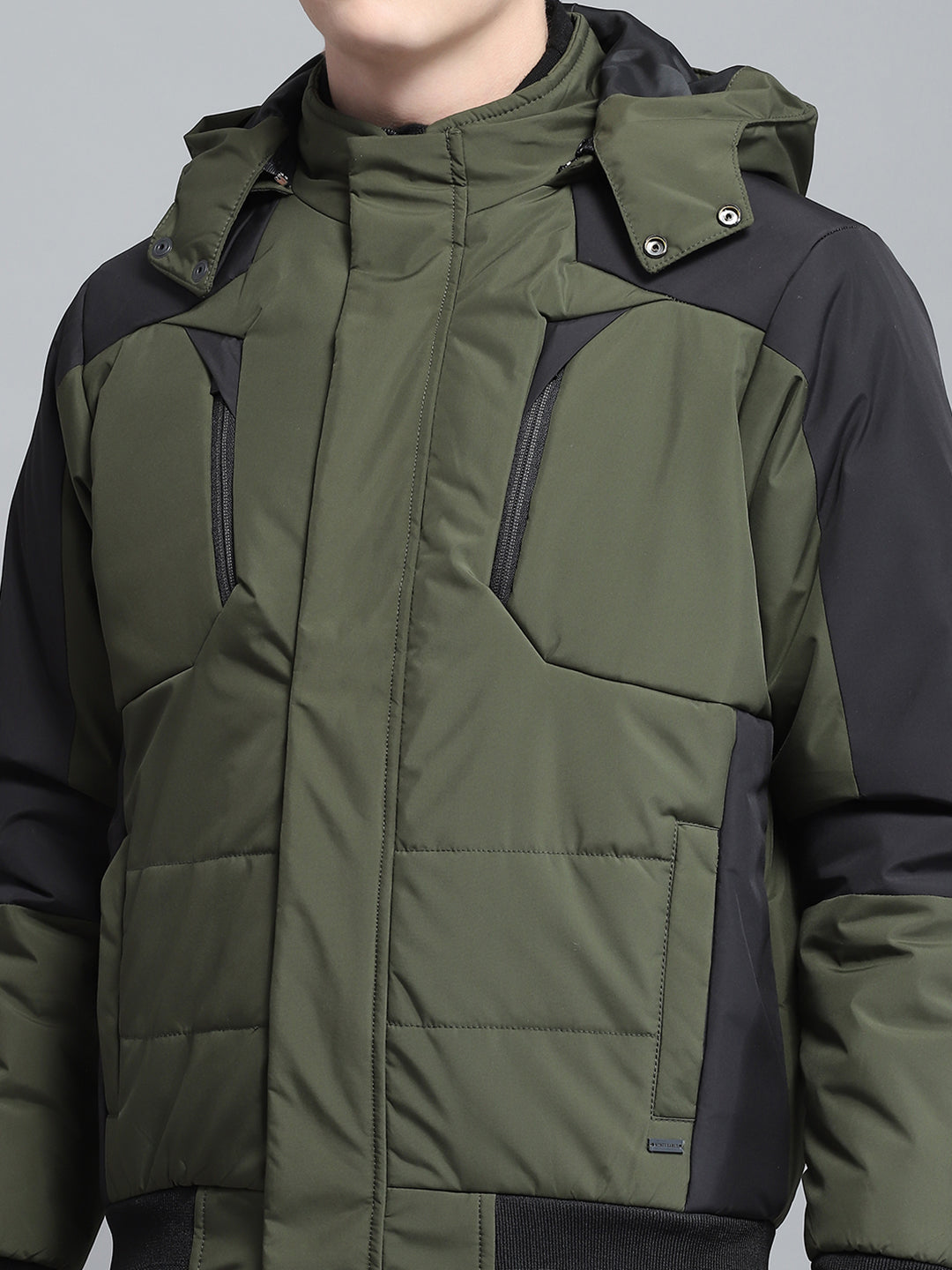 Men Olive Solid Detachable Hood Full Sleeve Jacket