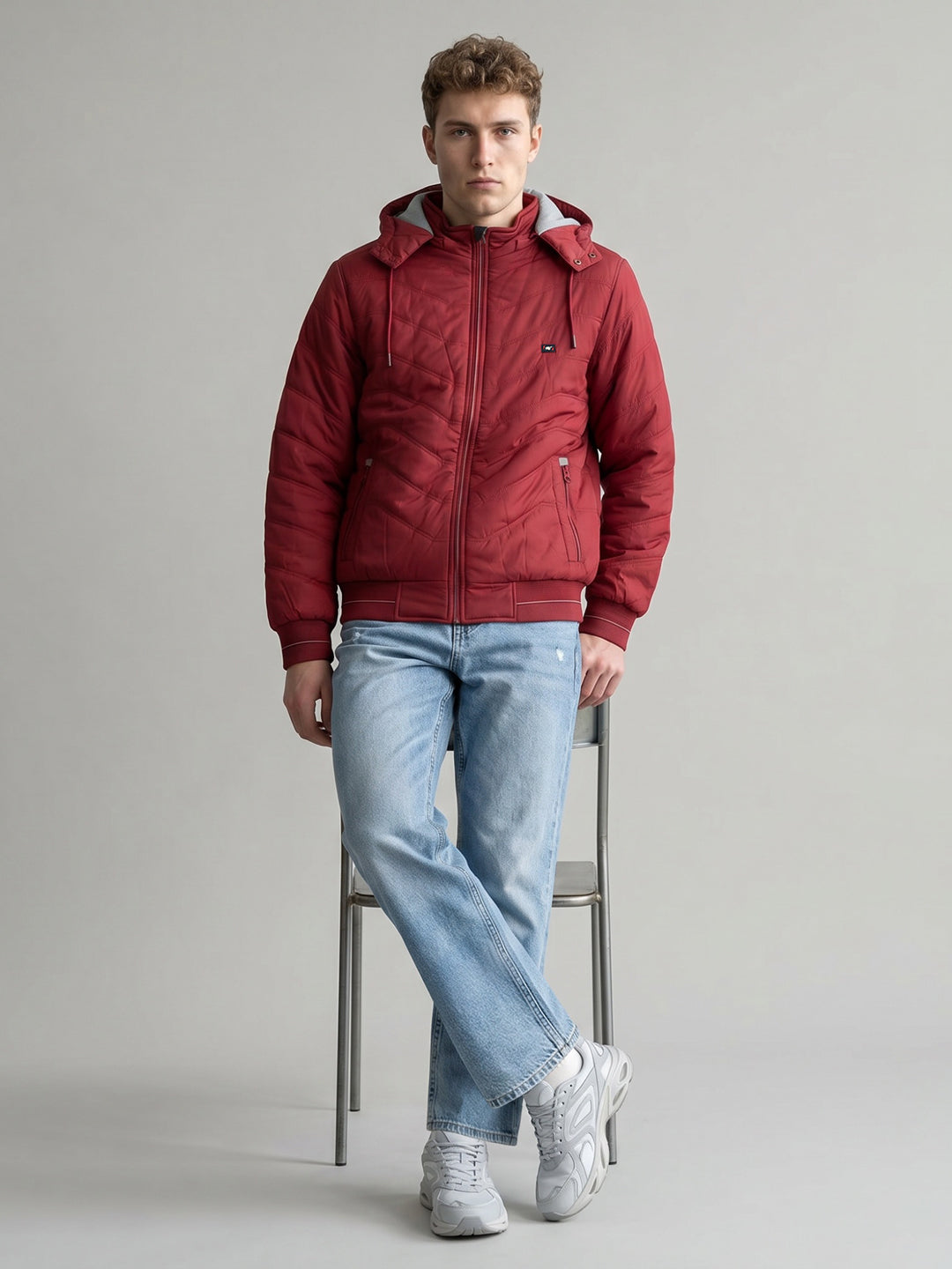 Men Maroon Solid Detachable Hood Full Sleeve Puffer Jacket