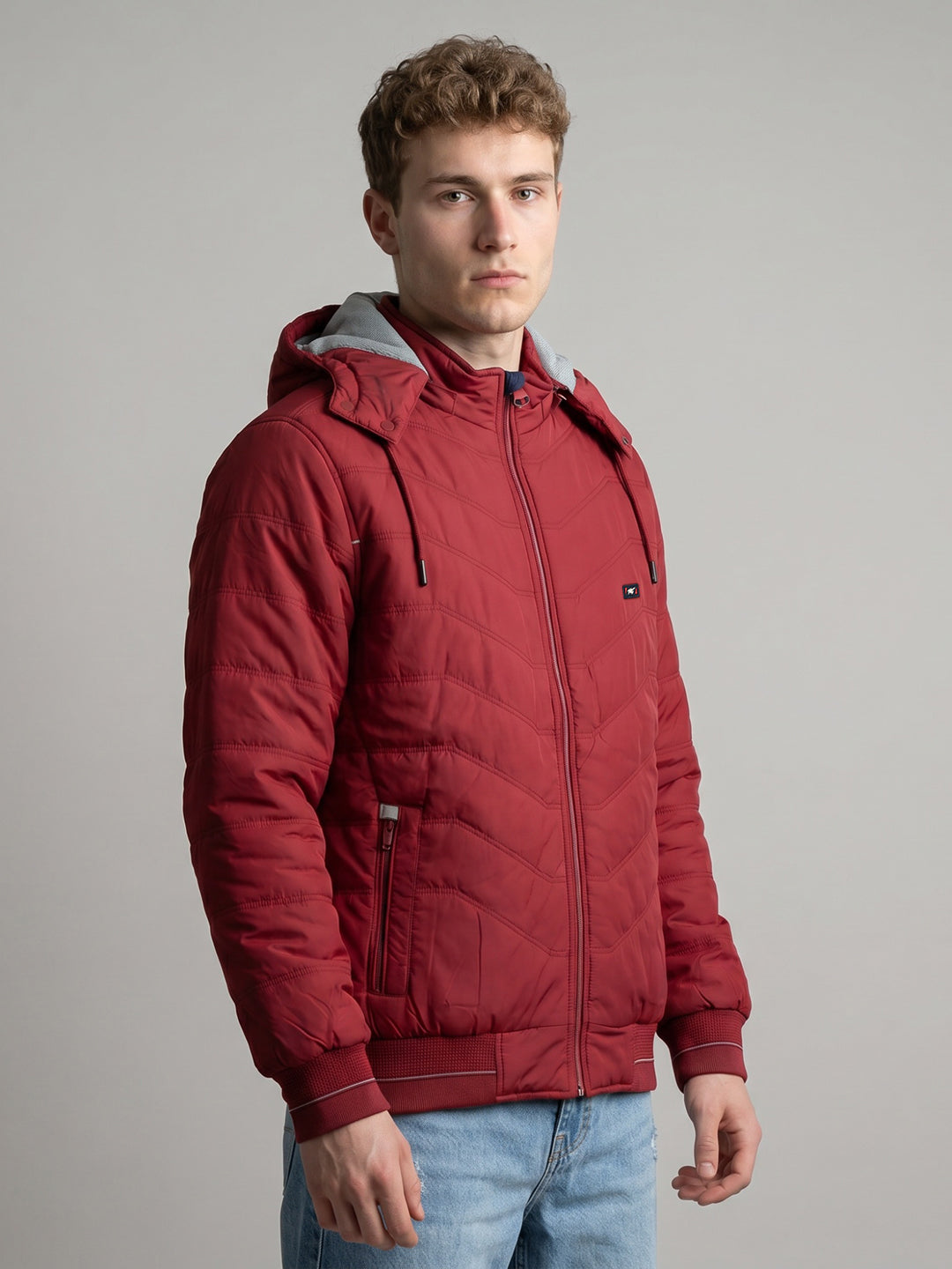 Men Maroon Solid Detachable Hood Full Sleeve Puffer Jacket