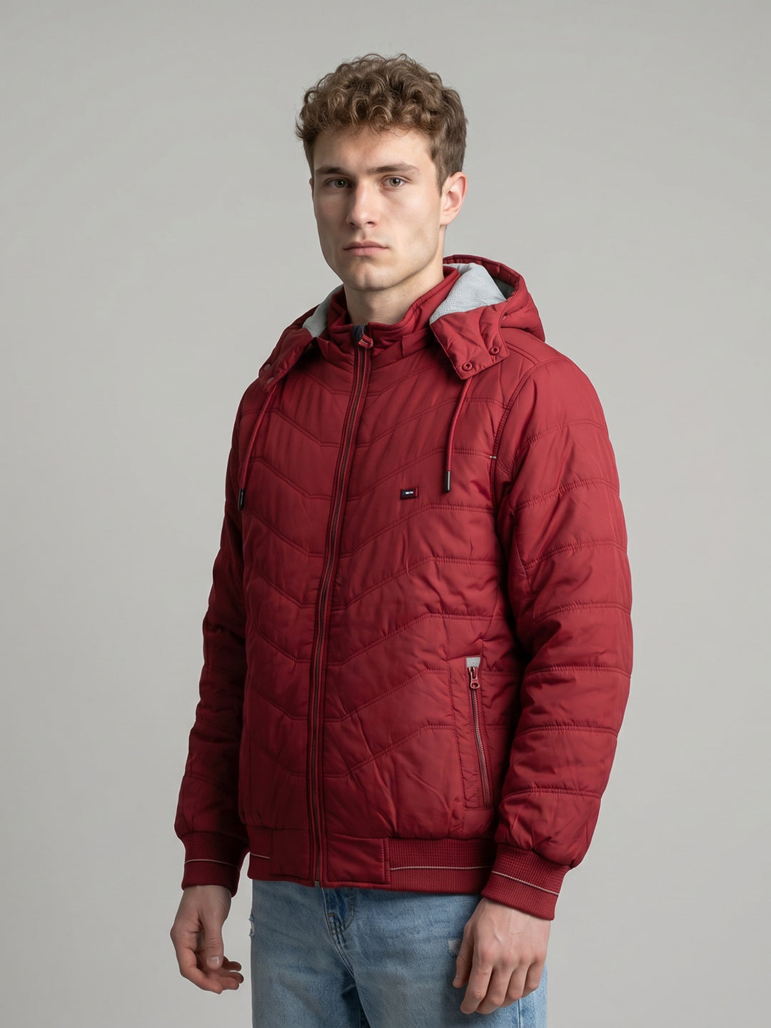 Men Maroon Solid Detachable Hood Full Sleeve Puffer Jacket