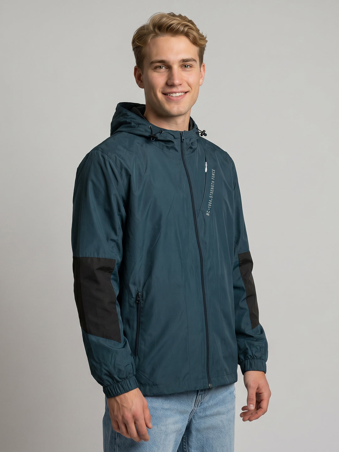 Men Teal Blue Solid Hooded Full Sleeve Windcheater