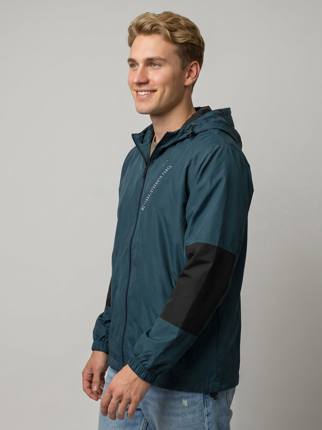 Men Teal Blue Solid Hooded Full Sleeve Windcheater