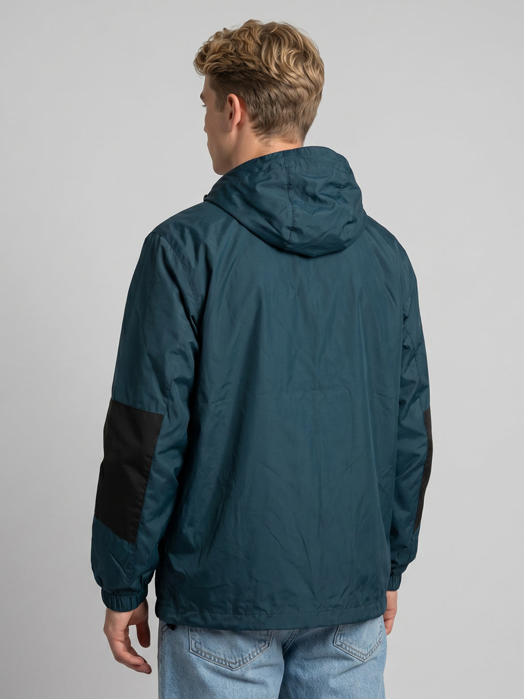 Men Teal Blue Solid Hooded Full Sleeve Windcheater