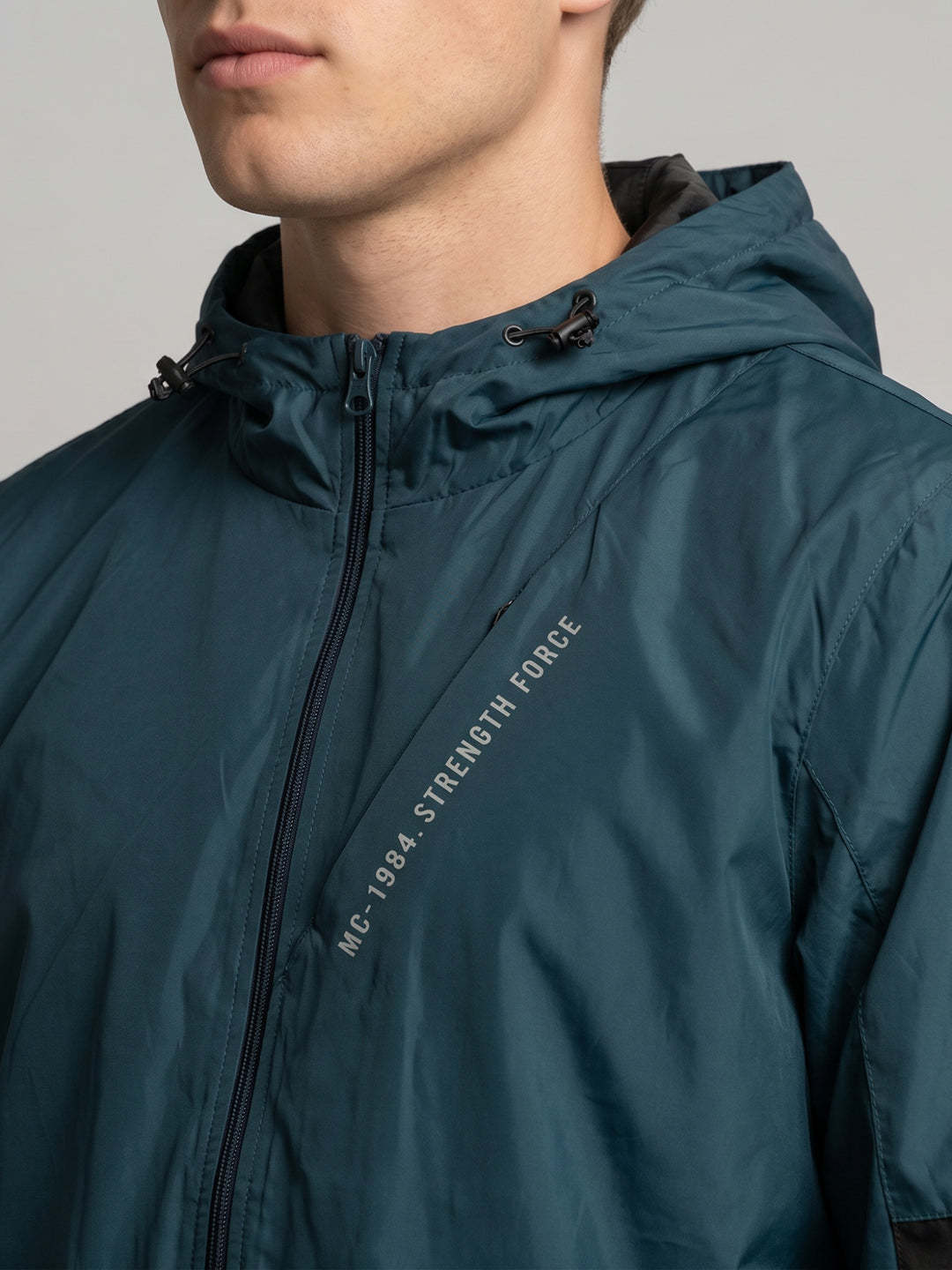 Men Teal Blue Solid Hooded Full Sleeve Windcheater