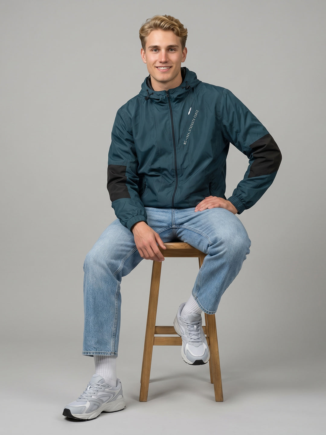 Men Teal Blue Solid Hooded Full Sleeve Windcheater