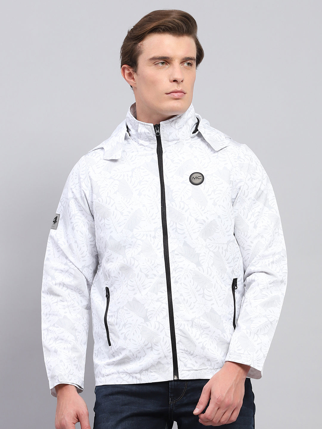 Men White Printed Detachable Hood Full Sleeve Jacket