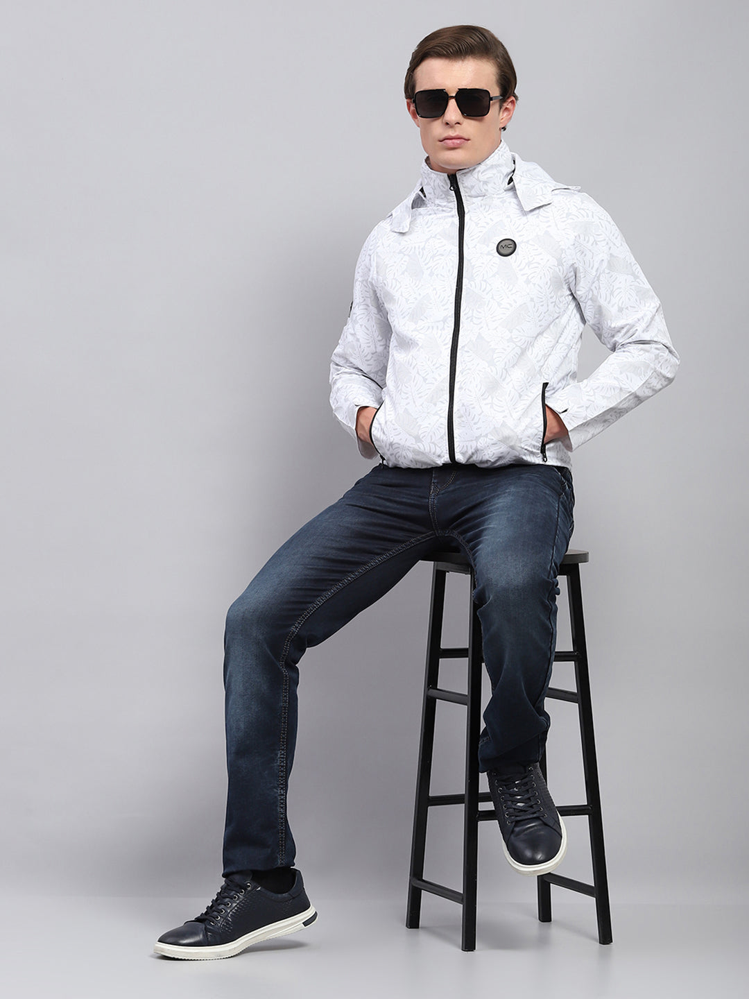 Men White Printed Detachable Hood Full Sleeve Jacket