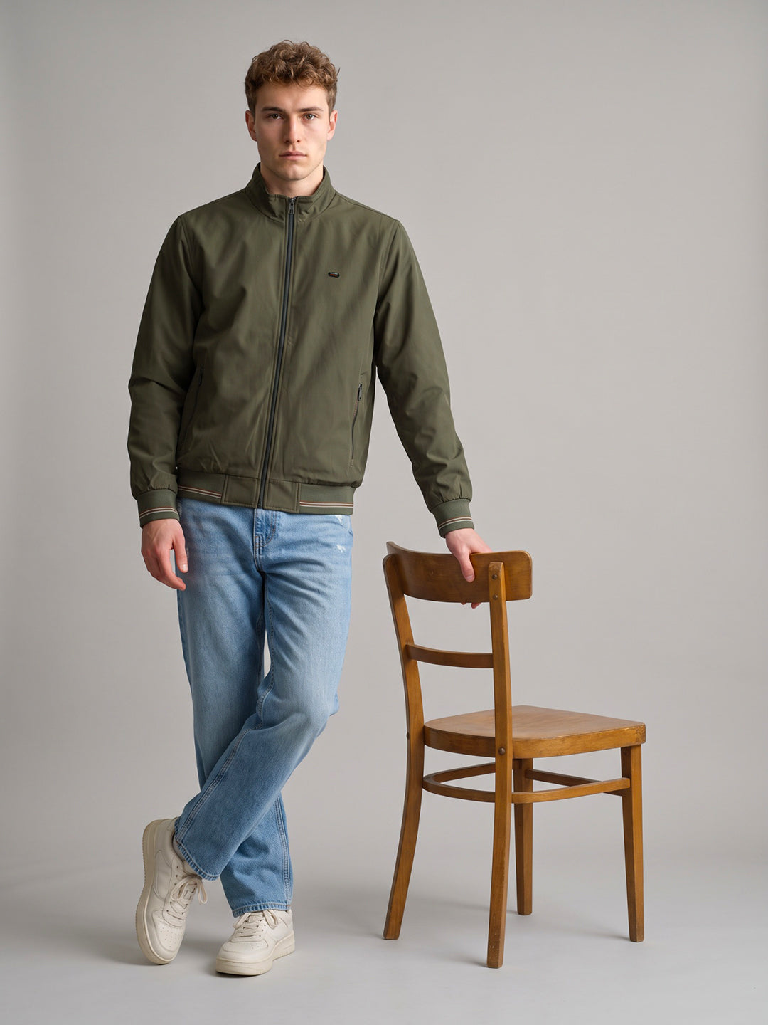 Men Olive Solid Collar Full Sleeve Bomber Jacket