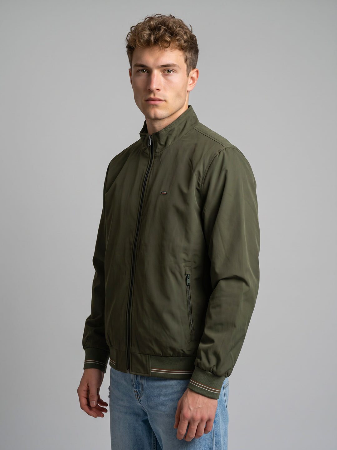 Men Olive Solid Collar Full Sleeve Bomber Jacket
