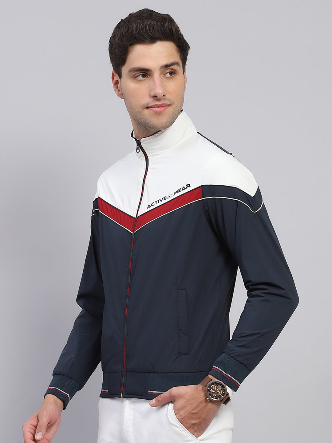 Men Navy Blue Solid Collar Full Sleeve Jacket